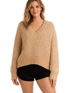 LBLC the label blush/tan v neck cableknit oversized sweater size small